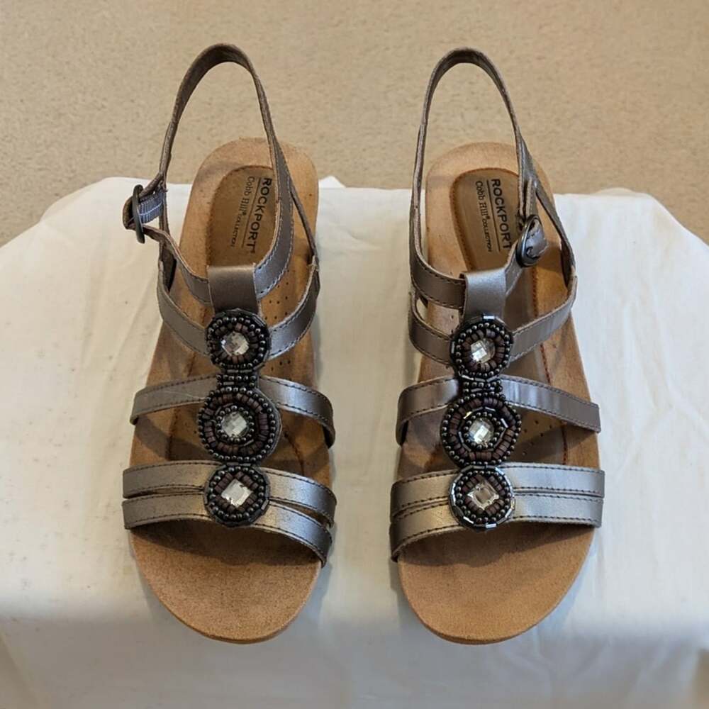 Rockport Cobb Hill Hannah-CH Pewter Beaded Wedge Sandals Size 9M - Picture 3 of 4